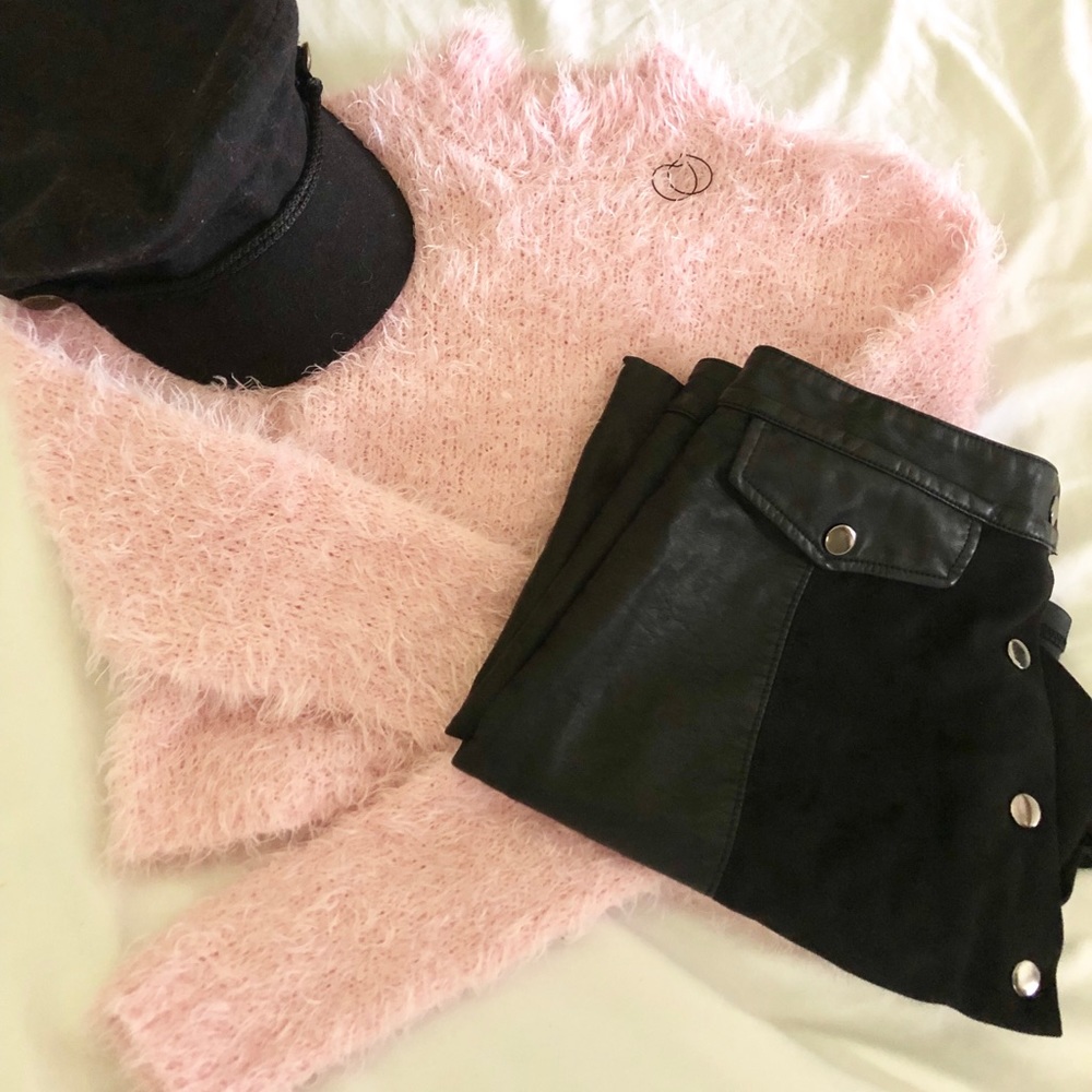 Fuzzy Pink Turtleneck Crop Sweater